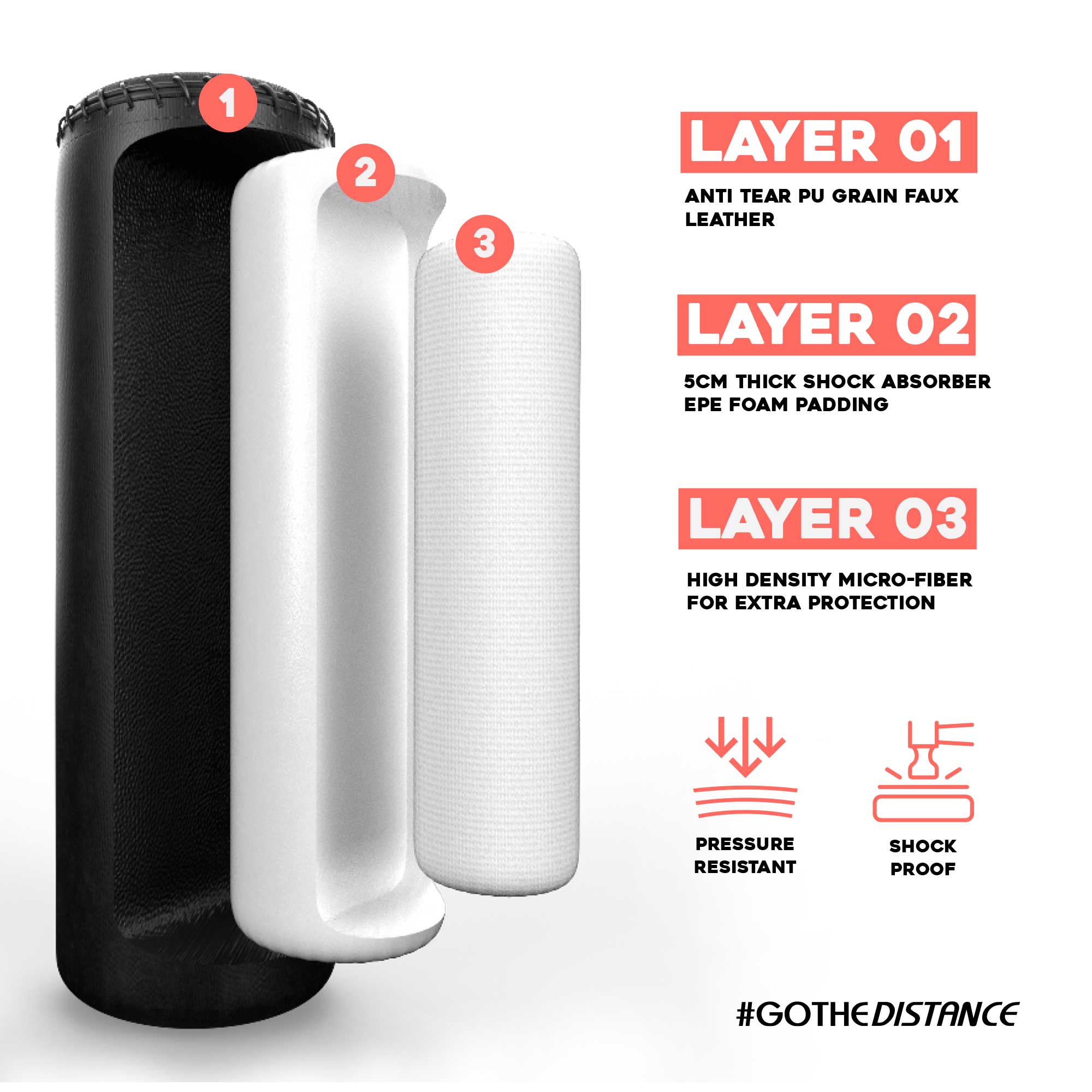 5.5ft Black Free-Standing Punchbag Layers Details.