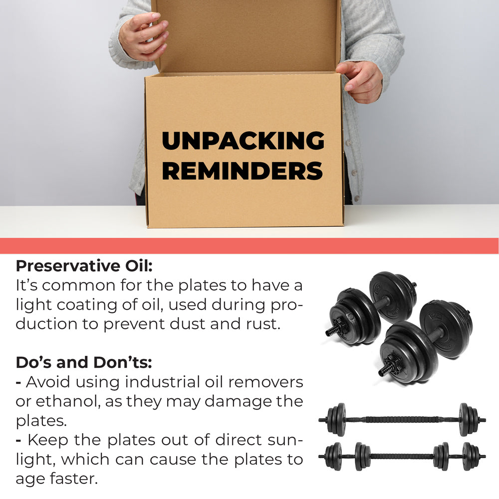 Gallant 20kg Adjustable Dumbbells Weights Set - 2 in 1 Unpacking Reminders.